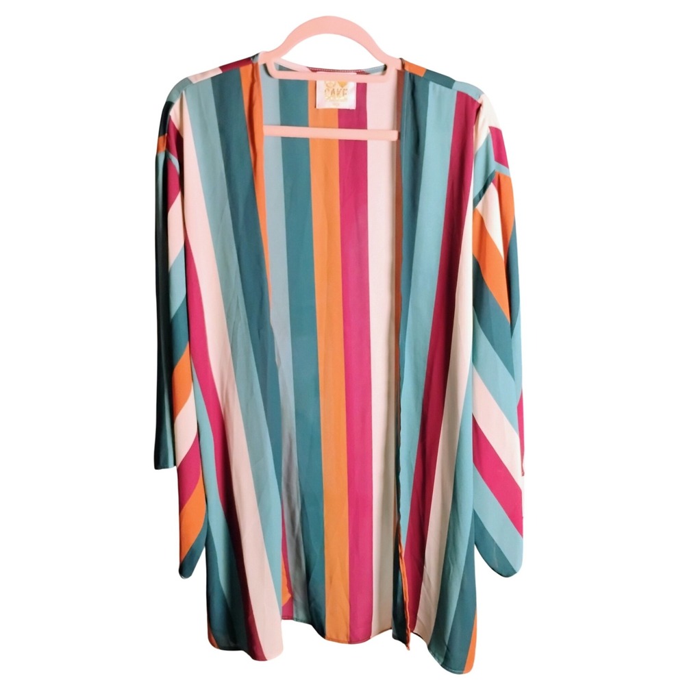 Peace Love Cake Womens L Cardigan Duster Open‎ Front Multicolor Stripe Boho 70s